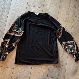 Chic Black Blouse with Patterned Sleeves